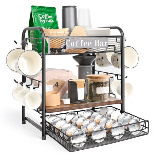 seaflash Coffee Bar Organizer, Station Mug Holder for Countertop, Multi-Functional 3 Tier Coffee Cup Tree Rack for Kitchen, Storage Shelf with 10 Hooks, Vertuo Pods Drawer for Home Office