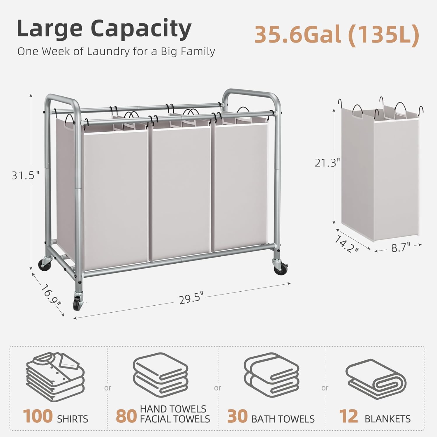 Storage Maniac Laundry Sorter - 3 Section Hamper Cart with Lockable Wheels & Removable Bags | 35.6 Gal, Gray