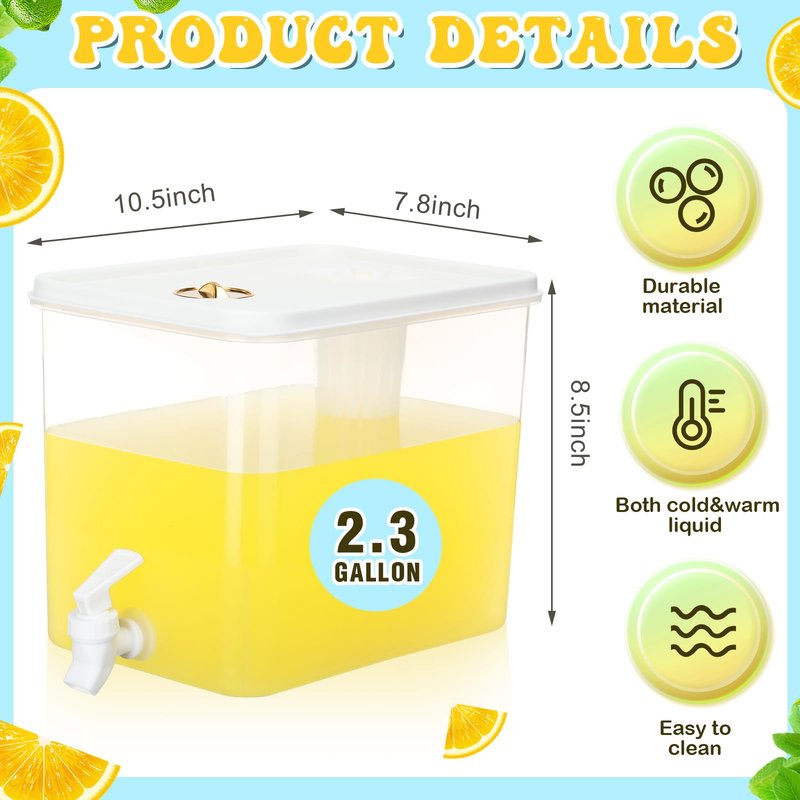 Mumufy 2.3 Gallon Plastic Beverage Dispenser with Spigot 50set Disposable Cup Lemonade Sticker and Lid Straw Juice Pitcher Jug Beer Dispenser Refrigerator for Halloween Oktoberfest Outdoor Party