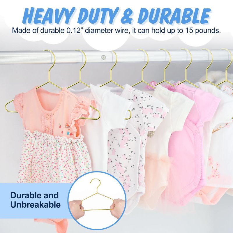 Gold Kids Hangers 12 Inch 60 Pack Strong Metal Wire Baby Clothes Hangers, Heavy Duty and Space Saving Infant Hangers for Toddler Chirldren Coats, Pants