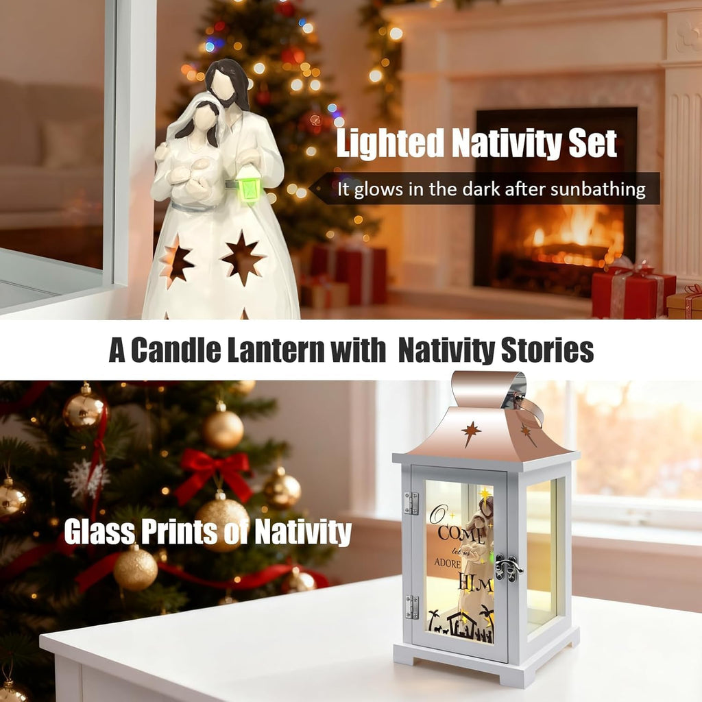 Regine Switzerland Christmas Nativity Set - 15.1" Tall Lantern for Table Centerpieces | Indoor Xmas Decor