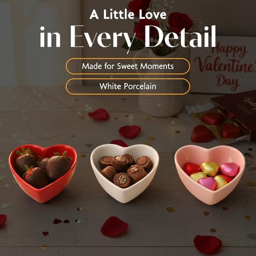 BIA Heart Dish Set - 3 Small Heart Shaped Stoneware Bowls for Snacks, Desserts & Dips | 6 oz Each