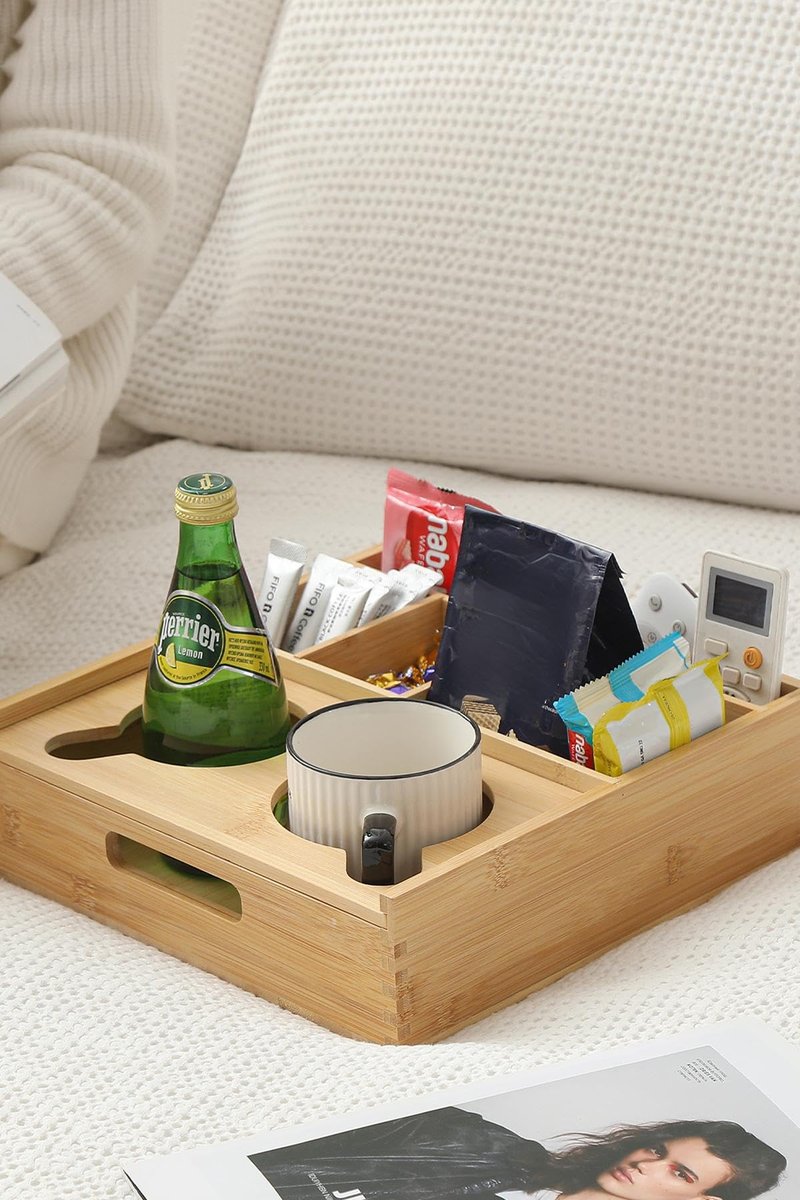 ROCDEER Couch Caddy,Bamboo Couch Cup Holder Tray with 6 Compartments, Sofa and Bed Organizer for Drinks, Snacks, and Remotes
