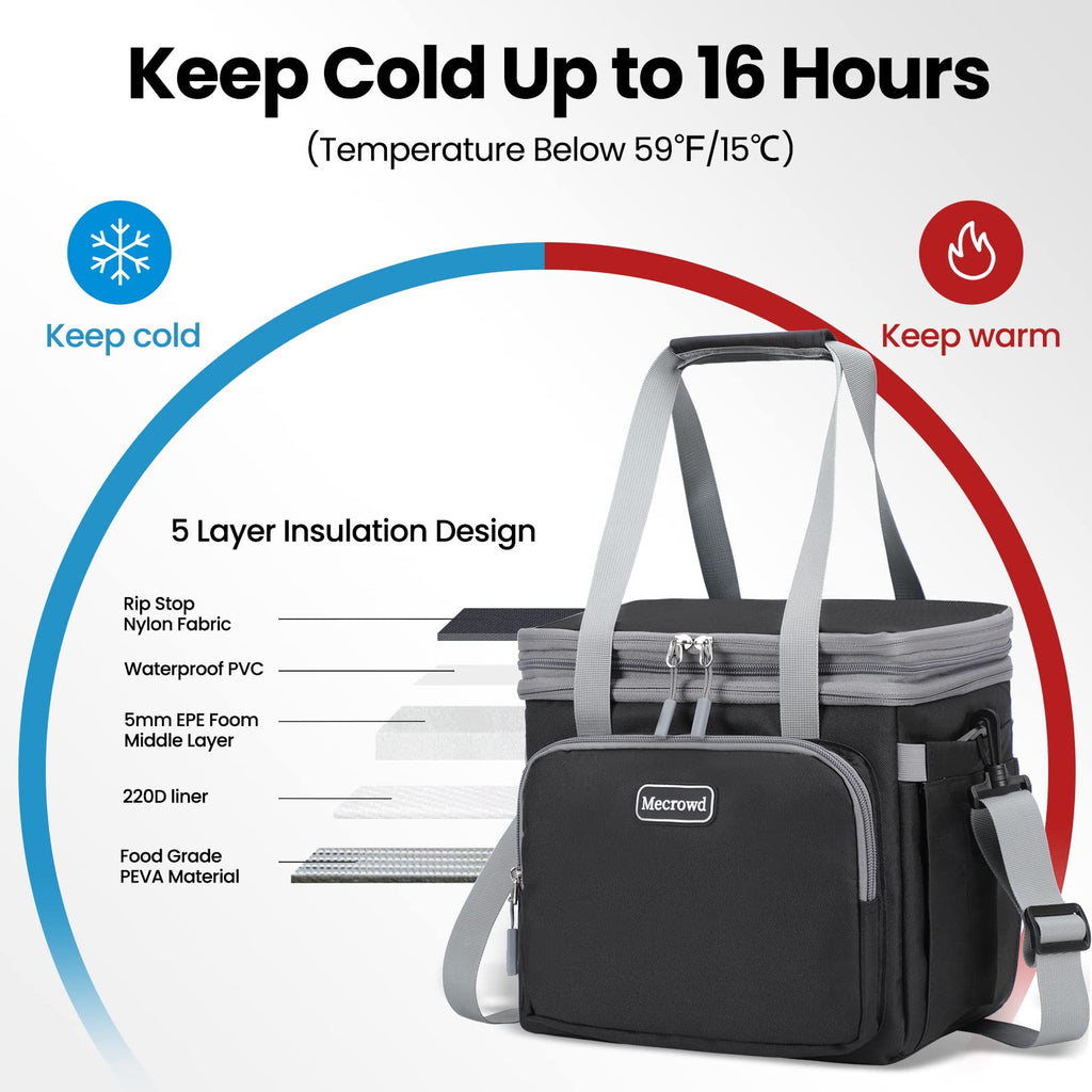 Mecrowd Lunch Bag for Women Men Cooler Bag Double Deck Lunch Box, Leakproof Insulated Soft Large Lunch Cooler Bag with Adjustable Shoulder Strap for Beach Travel Picnic (Black)