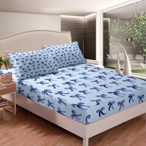 Erosebridal Bowknot Twin Size Sheet Sets 3pcs, Kawaii Simple Bows Microfiber Bed Sheets Set, Cute Cartoon Dreamy Printed Kids Teens Bed Set for Bedroom, Baby Blue Ribbon Bedroom Decor Bedding Set