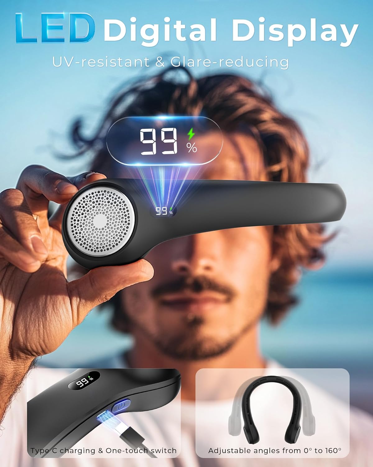 Skiennix Portable Neck Fan - 360° Cooling with LED Display, 4000mAh Battery, 3-Speed Adjustment | Ideal for Travel & Outdoor Use