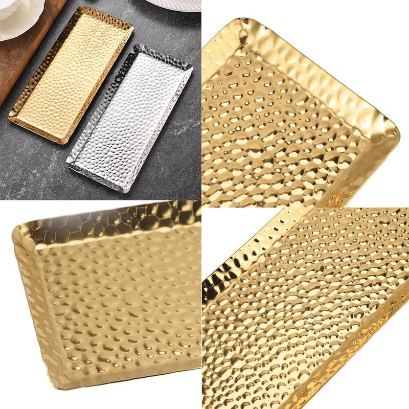 SEEK RARE Decorative Tray Stainless Steel Serving Trays Hammered Rectangular 9.8 x 4.3 Inch Dessert Plates Reusable Fruit Stand for Living Room Kitchen Gold