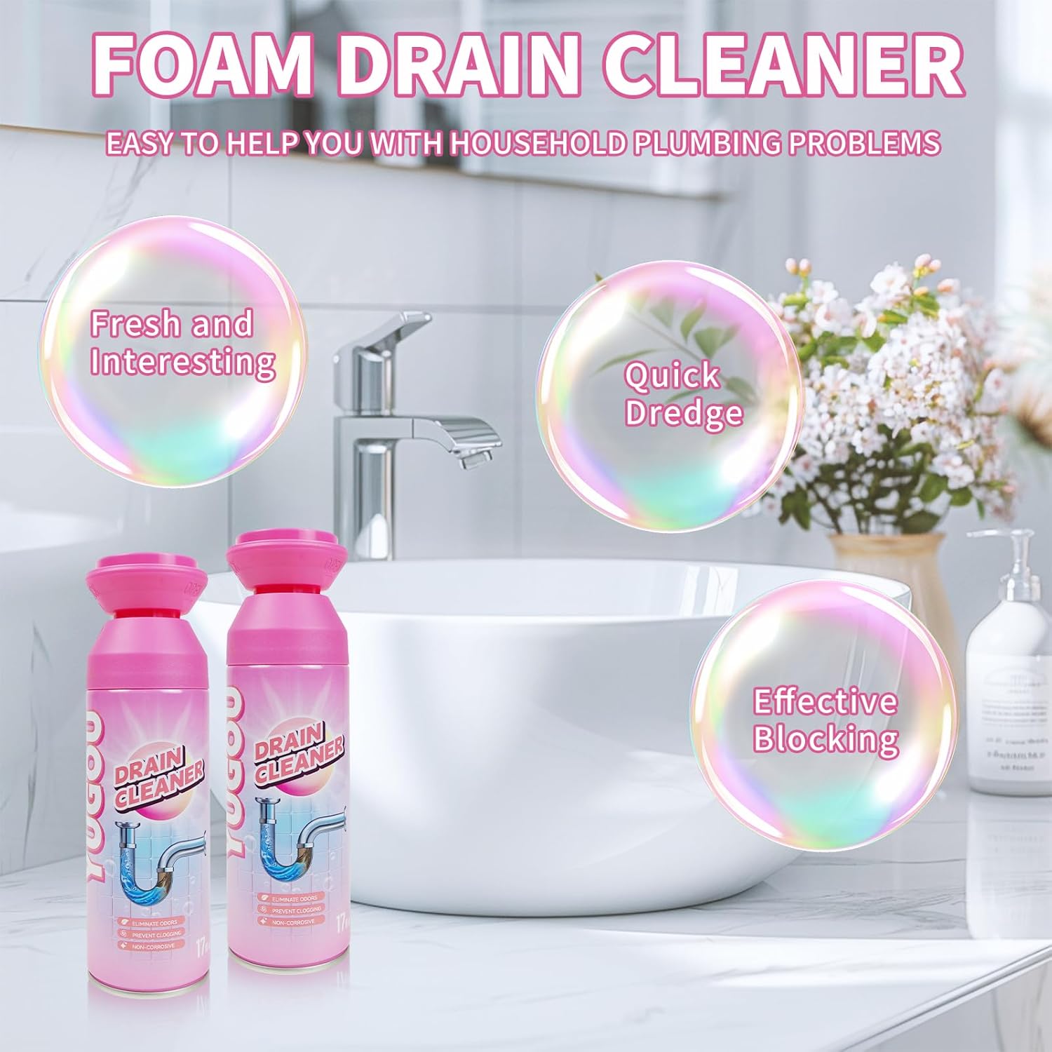 Yugou Foaming Drain Cleaner - Powerful Sink Deodorizer & Clog Remover | 2-Pack for Kitchen & Shower