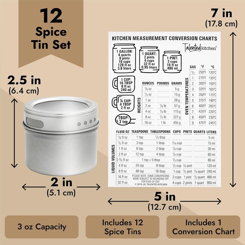 Talented Kitchen Magnetic Spice Jars for Refrigerator - 3 oz, Stainless Steel, Set of 12 - Spice Containers with Labels - Magnetic Travel Containers & Camper Must-Haves