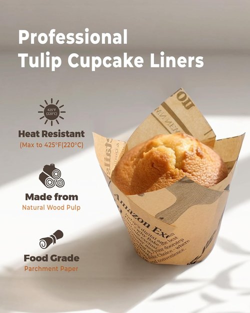 Bake Choice Tulip Cupcake Liners - 200 Pcs Grease Resistant Parchment Paper Muffin Wrappers | Newspaper Print