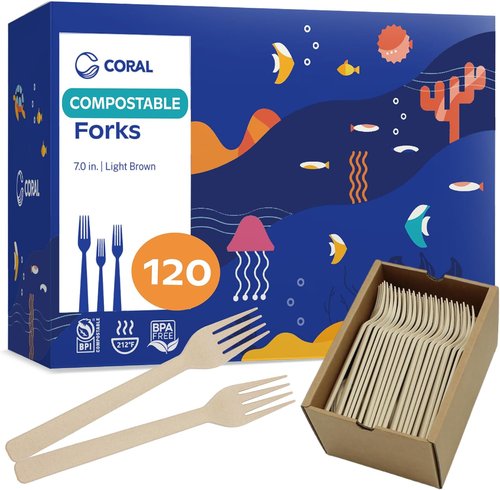 CORAL 100% Compostable Forks - 120 Heavy Duty, Break Resistant, Ocean Friendly | Light Brown, 7.0 Inch