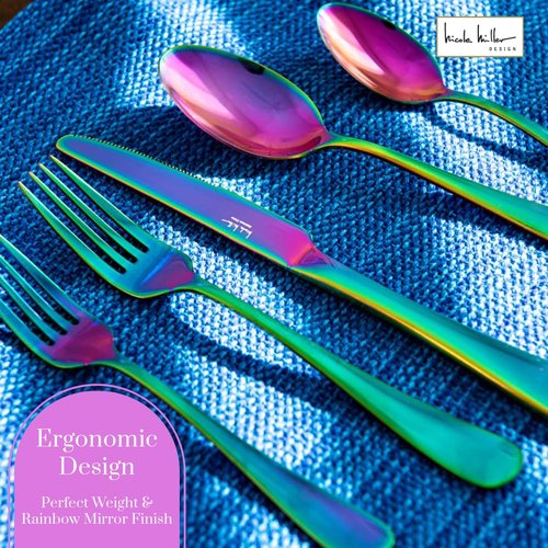 Nicole Miller 20-Piece Rainbow Flatware Set - Modern Stainles Steel Kitchen Utensils For A Stylish Dining, Service for 4