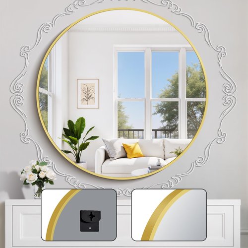 Koonmi 30" Gold Circle Mirror Wall Mounted Round Mirror with Metal Frame for Bathroom/Living Room/Vanity/Bedroom
