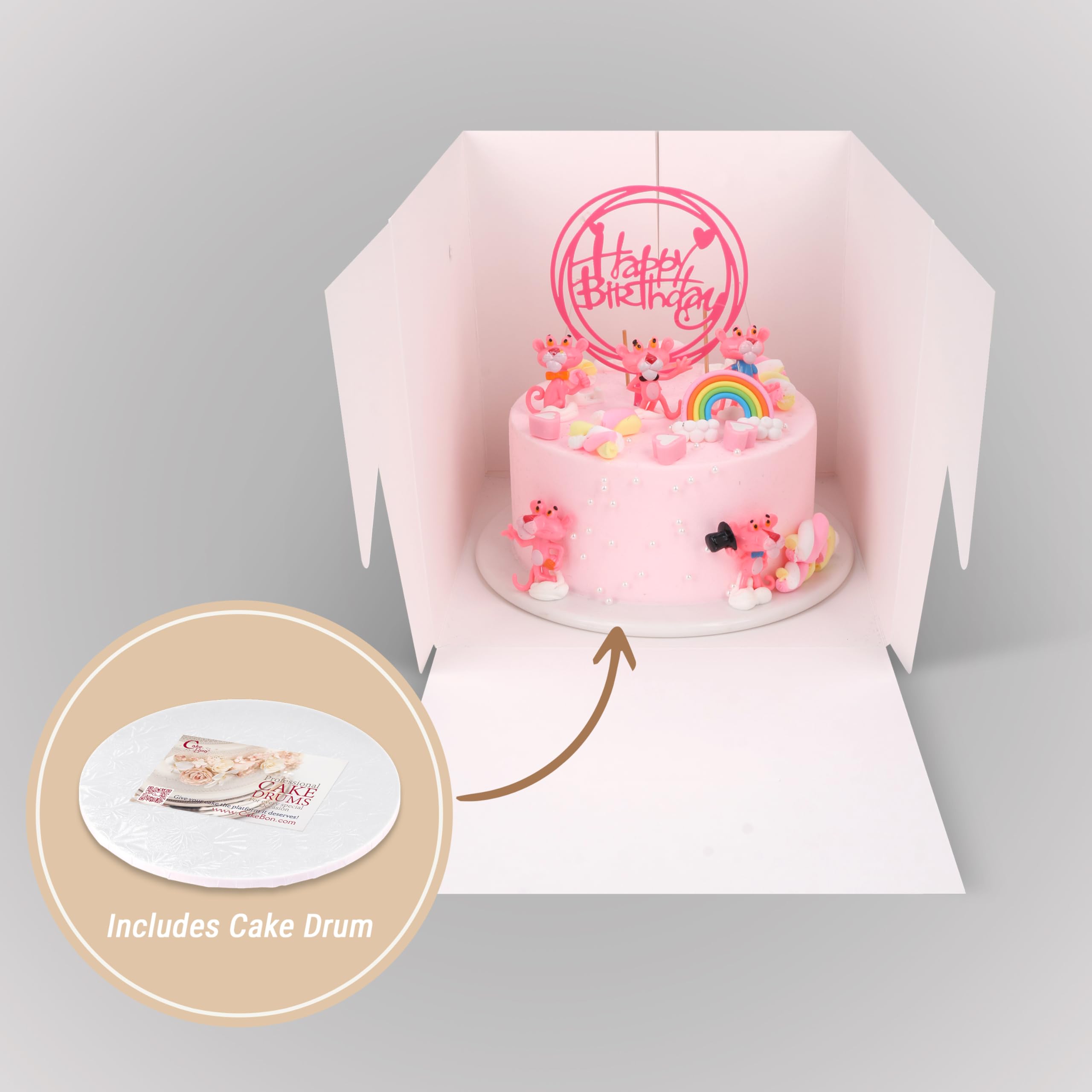 Cakebon Cake Boxes with Boards - 8 Inch Round Cake Drum White (3-pack) - Box With Window for Birthdays, Weddings and Parties