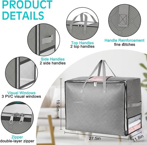 4 Pack Comforter Storage Bags by [Brand Name] - Extra Large Foldable Bedding Organizers with 4 Handles & 3 Clear Windows | Grey