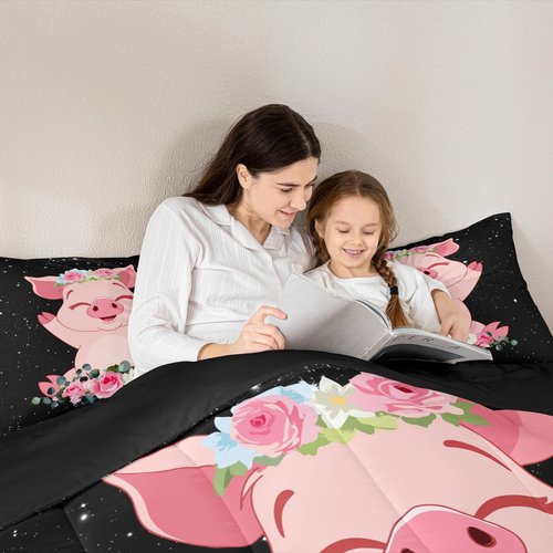 Erosebridal Pink Pig Comforter Set for Girls Kawaii Room Decor Queen, Rose Floral Leaf Duvet Insert for Kids Boys Children Cute Farm Animal Quilt Cartoom Style Soft Lightweight Bedding Set 3 Pieces