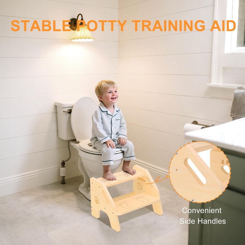 Toddler Step Stool Wooden 2 Step - Non-Slip Kids Stool for Bathroom Sink with Adjustable Height and Cute Pattern - 300lbs Support Stepping Stool for Bathroom Kitchen Children’s Room