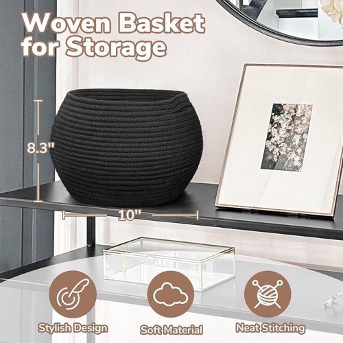 Goodpick Small Rope Storage Basket - Black Round Baskets for Socks, Dog Toys & Towels | 10 x 8.3 Inches