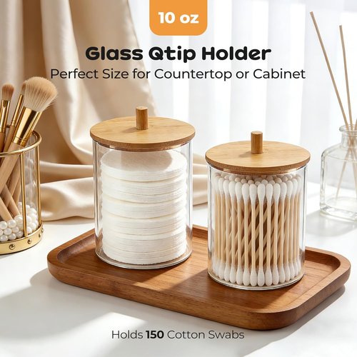Glass Qtip Holder Dispenser Set - 10oz Cotton Swab & Bamboo Lid Canisters | Bathroom Vanity Storage (2 Pack)