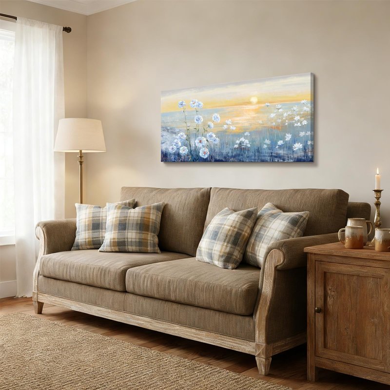 Blue Ocean Sunset Canvas Wall Art for Living Room Abstract Seascape Painting Coastal Beach Wildflowers Picture Natural Sea Landscape Print Sunrise With Yellow Orange Sky Seaside Artwork 20x40inch