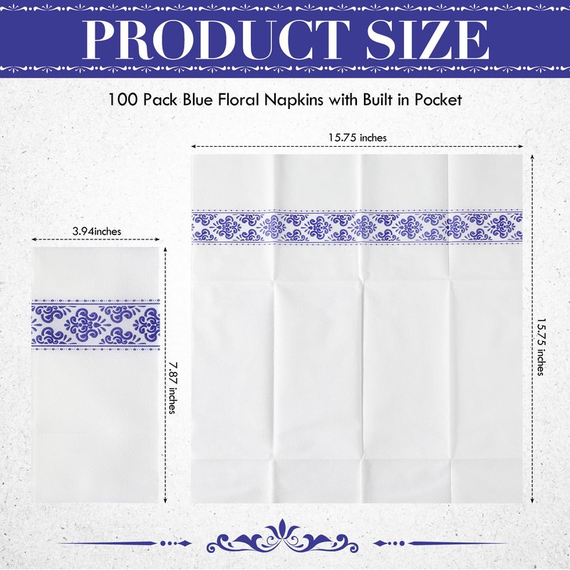 Qilery 100 Pack White Pocket Napkins Blue Floral Disposable Airlaid Paper Napkins with Built-in Flatware Pocket for Dinner and Wedding
