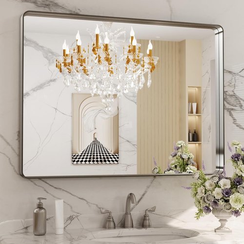 LOAAO Brushed Nickel Bathroom Mirror - 40x32 Inch Rounded Rectangle Design | Anti-Rust & Shatter-Proof