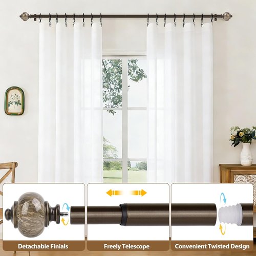 KAMANINA Curtain Rod - 1 Inch Antique Bronze Single Rod for Windows | 32 to 58 Inches (2.6-4.8ft) with Marble Ends