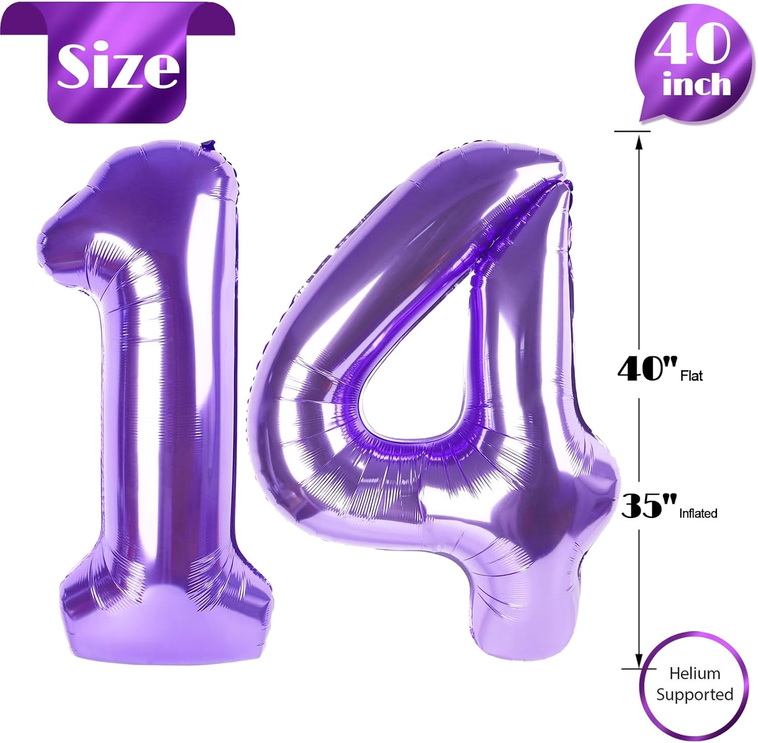 Purple Number 14 Balloon - 40 Inch Birthday Decoration for 14th Year Celebrations
