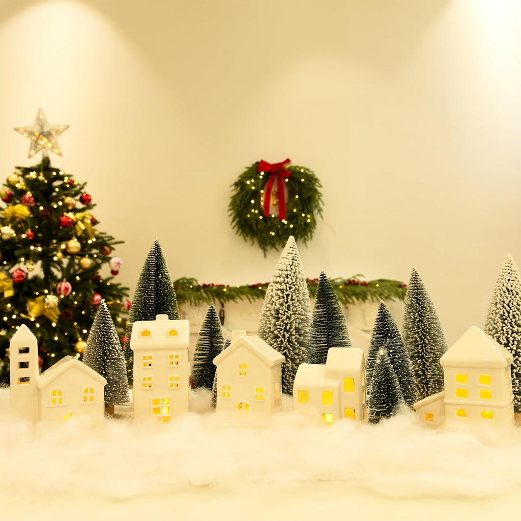 Regine Switzerland Ceramic Christmas Village Houses - 5 White Houses & 9 Trees with Fake Snow | Festive Indoor Decor for Home Table & Fireplace