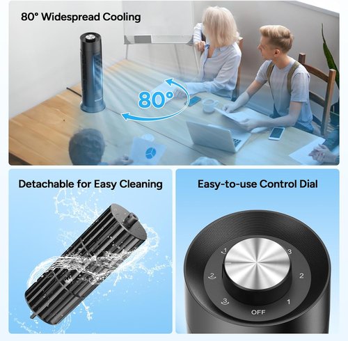 DR.PREPARE Bladeless Tower Fan - 28 dB Quiet Operation, 3 Speeds, 80° Oscillation, 16 Inch Portable Design - Black
