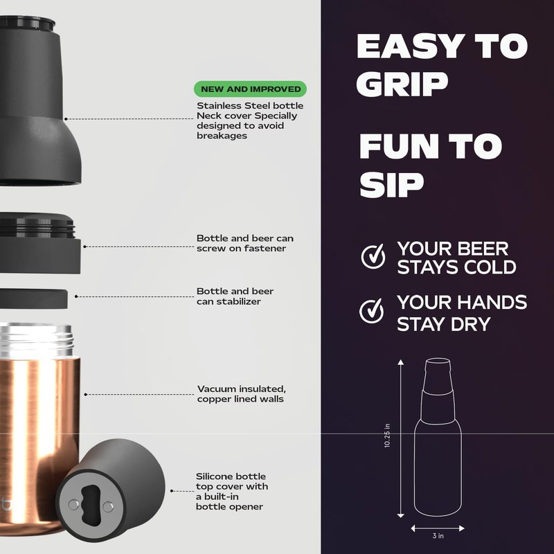 Asobu Frosty Beer Holder 2 Go Vacuum Insulated Double Walled Stainless Steel Beer Can and Bottle Cooler with Beer Opener, Bpa Free, Fits Standard 12oz Bottles & Cans, Gift for Beer Lovers