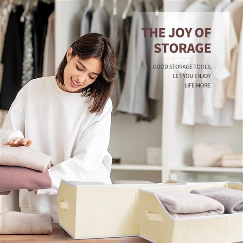 Homsorout Cube Storage Organizer - Large Trapezoid Bins with Handles | 4-Pack Beige Decorative Baskets for Clothes, Blankets, Books