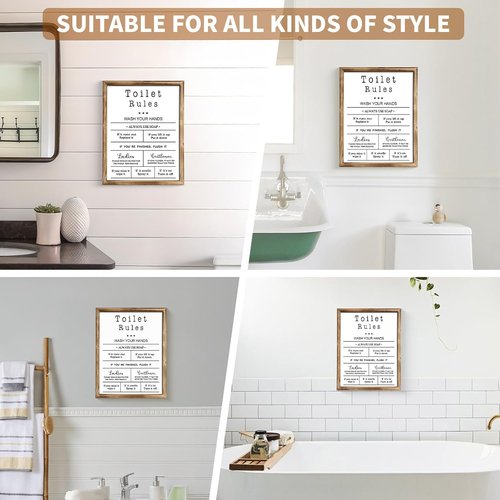 MODE HOME Farmhouse Wall Art - Funny Toilet Rules Sign with Torched Brown Frame | 14x11 Inch Shabby Chic Decor