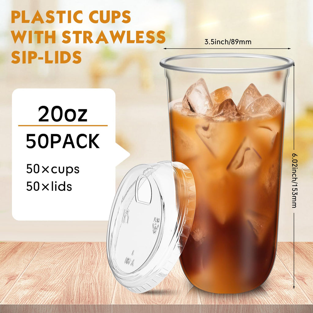 Baderke 50 Pcs Plastic Cups with Sip Lids Round Bottom Disposable Plastic Coffee Cups with Lids Clear Strawless Crystal Mugs for Iced Coffee Smoothie Cold Beverage Party Catering Supplies (20 oz)