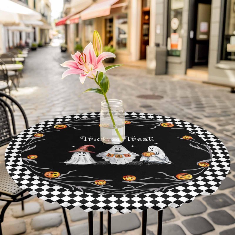 Halloween Fitted Tablecloth for Round Table,Trick Or Treat Quotes Table Cover with Elastic Edge Waterproof Table Cloth,Pumpkin Ghost Face Black White Plaid Table Covers for Kitchen Indoor 45-54in