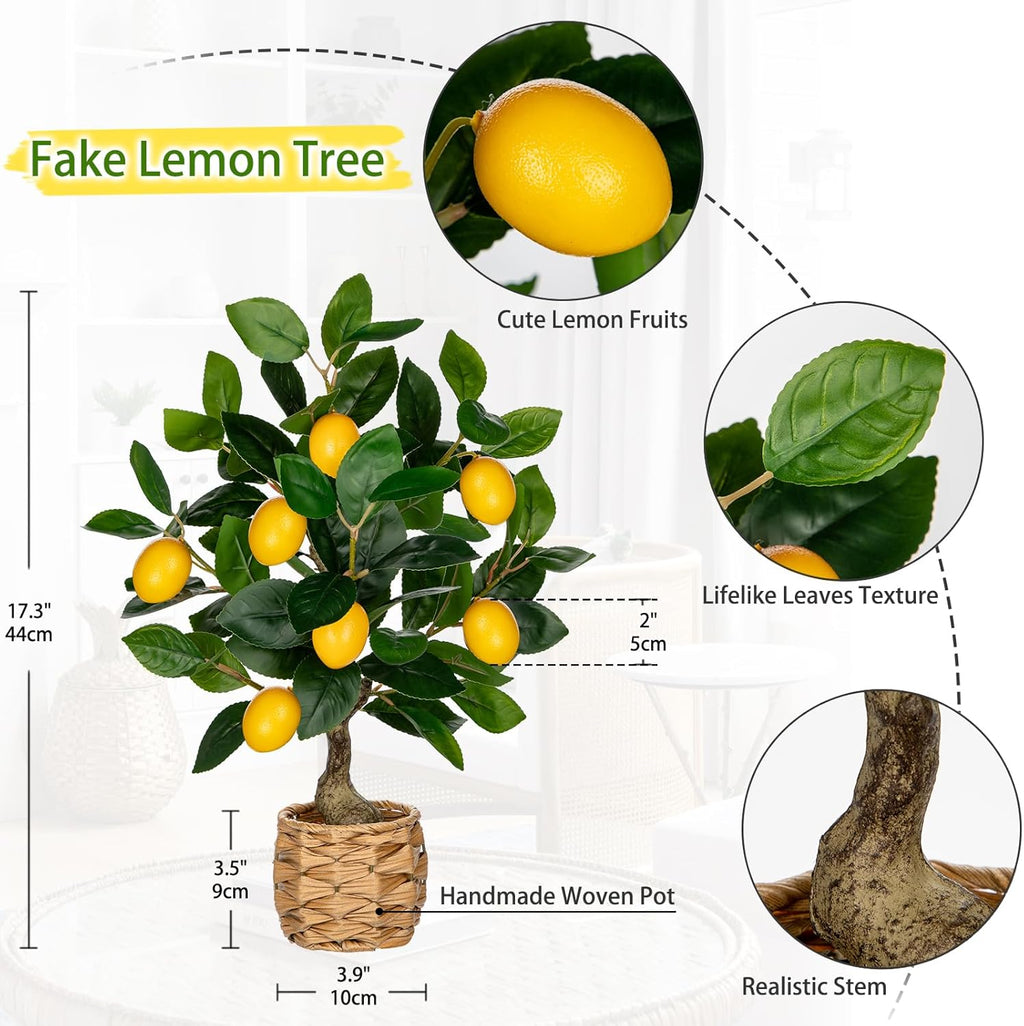 Skiennix Artificial Potted Lemon Tree - 17.3-Inch Faux Citrus Plant with Woven Pot | Perfect for Home & Office Decor