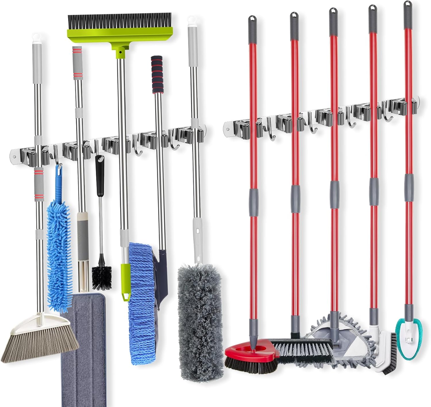 Voze Mop and Broom Holder - 5 Racks & 4 Hooks, Heavy-Duty Self-Adhesive Organizer | Silver