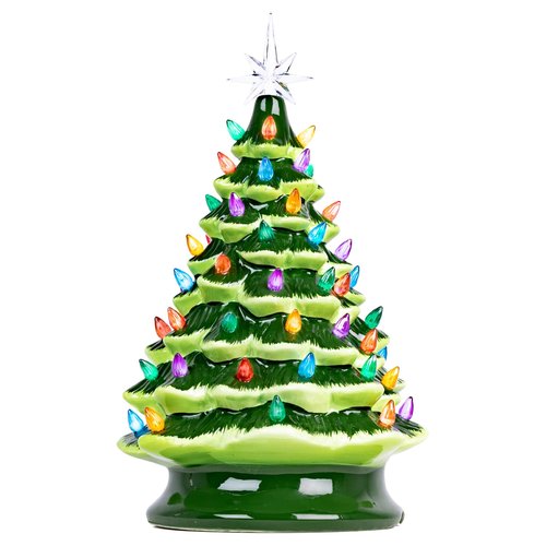 Christmas is Forever Lighted Tabletop Ceramic Tree, 16 Inch Green Tree with Multicolored Lights