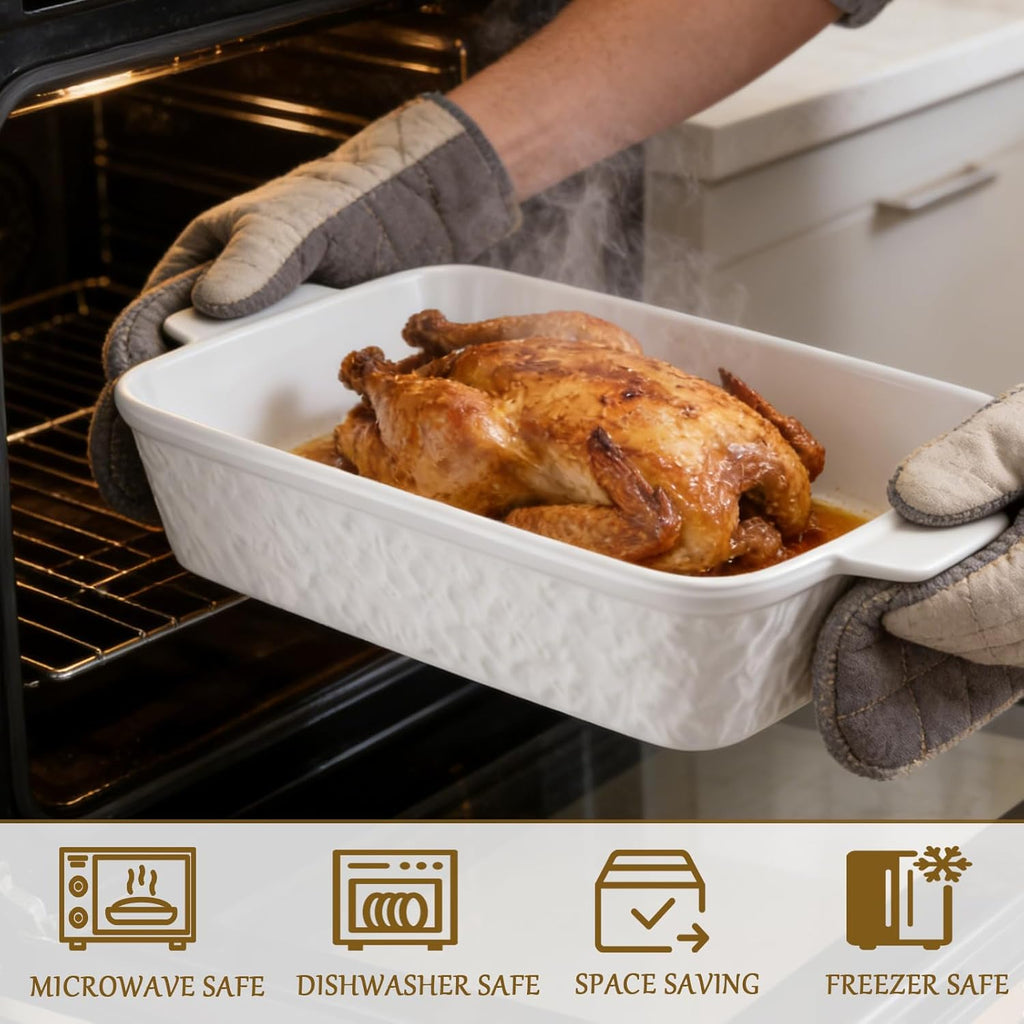 Regine Switzerland 9x13 Baking Pan - Durable Ceramic Casserole Dish with Handles | 4.4QT Oven Safe, Soft White