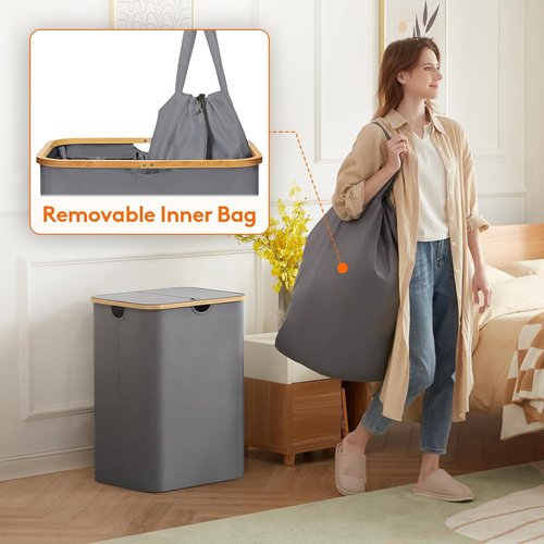 Lifewit 150L Laundry Basket - Foldable Hamper with Lid, Bamboo Handles & 2 Removable Bags | Grey