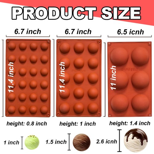 Lerykin Semi Circular Silicone Molds, Non-Stick Silicone Chocolate Molds,3 Packs Baking Molds for Making Chocolate, Cake, Jelly, Desert, Biscuit, Dome Mousse (6 Cups, 15 Cups and 24 Cups)