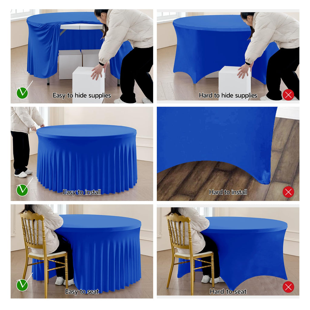 Outpain 4 Pack Spandex Royal Blue Round Tablecloths for 60in Tables, 120Inch Stretchy Fitted 5FT Round Table Clothes,Wrinkle Free Table Cover with Skirt for Wedding Party Dining Banquet