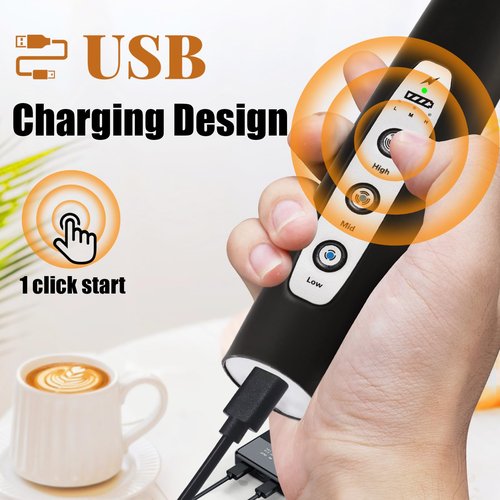 Nahida Milk Frother Wand for Coffee Frother Handheld with Stand Drink Mixer with 3 Heads 3 Speeds Electric Whisk Foam Maker For Latte, Cappuccino, Hot Chocolate - Black