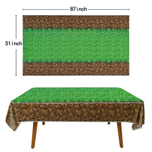 JamboRella 3PCS Pixel Gaming Tablecloth Set, 51 x 87 inches, Green and Brown Table Cover for Video Game Themed Birthday Party Decoration Supplies