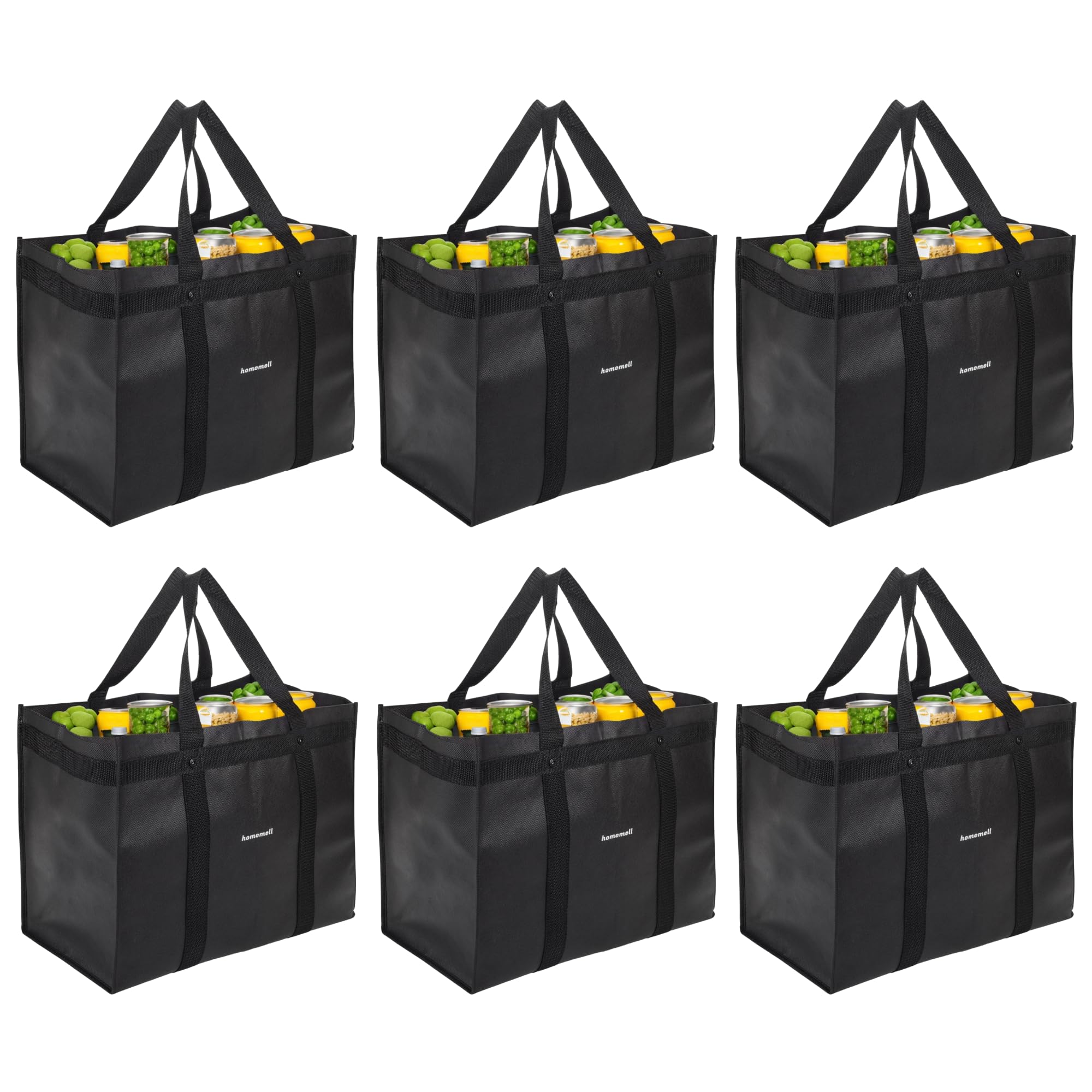 Homemell Heavy Duty Reusable Grocery Bags, Large Collapsible Tote Bag Holds 100 LBS, Extra-Strength Premium Material (Black, 6-Pack)