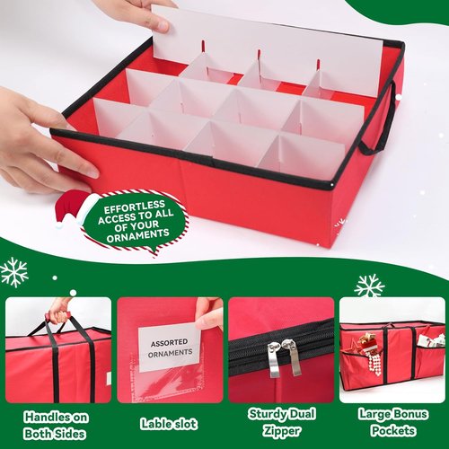 Christmas Ornament Storage Box - Durable 600D Oxford Container Holds Up to 128 Ornaments | 8 Trays, Red