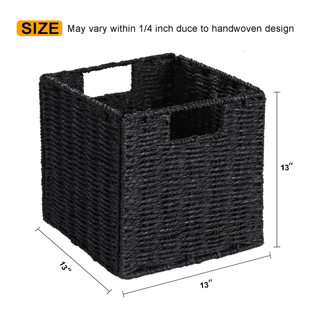 Vagusicc Wicker Storage Baskets, Set of 2 Hand-Woven Foldable Cube Storage Baskets for Shelves with Handles 13 inches + Set of 2 Small Wicker Storage Baskets for Organizing Toilet Shelves,Black