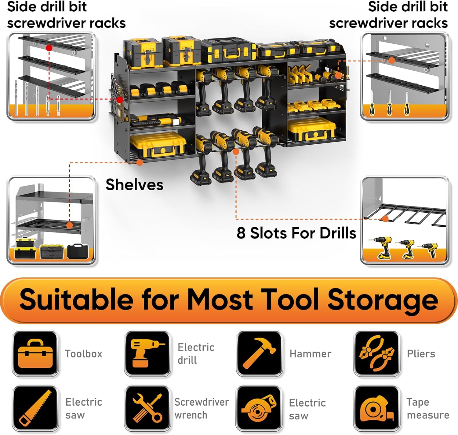 POKIPO Large Power Tool Organizer - Heavy Duty Wall Mount Drill Holder for 8 Drills | Black Utility Rack