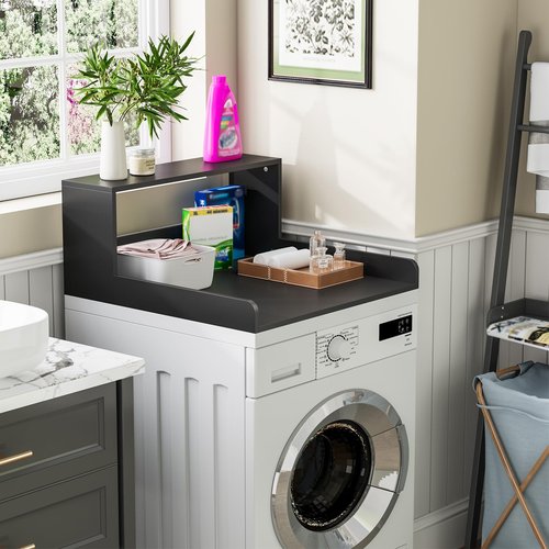HOTLUU Washer Dryer Countertop with Shelf, 27.5" D x 27.5" W x 12.6" H, Sturdy Wood Frame, Countertop for Washer and Dryer, Non-Slip Pads & Edge Rails, Laundry Room Storage(Black)