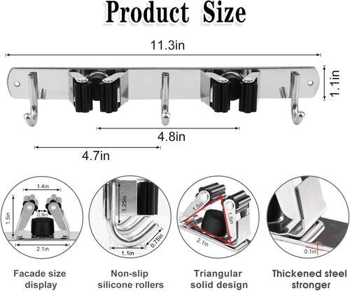AceMining Wall-Mounted Broom and Mop Holder - 5 Racks & 4 Hooks | Heavy-Duty Stainless Steel Organizer